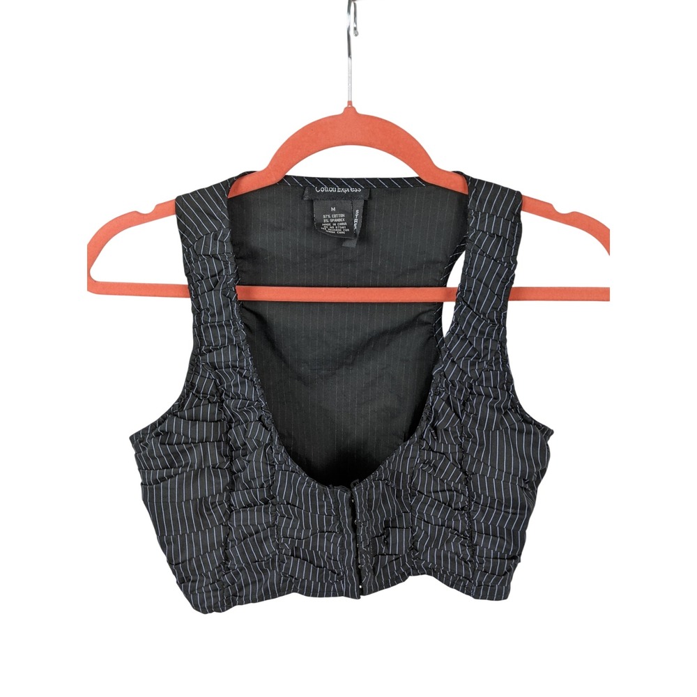 Cotton Express Womens Black Pinstripe Ruched Cropped Vest Hook Eye Size M
